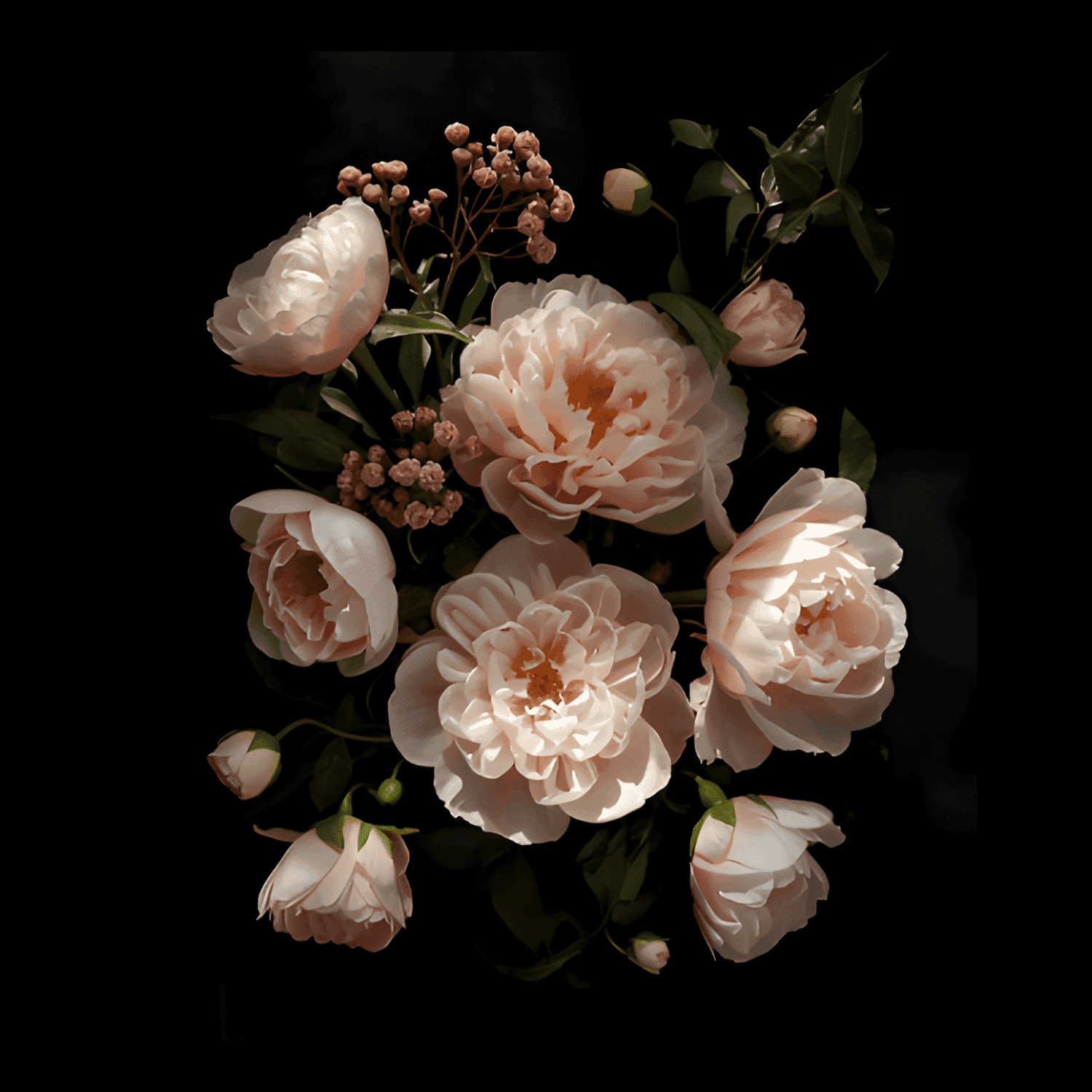 Delicate pink peonies and buds arranged against a dark background.