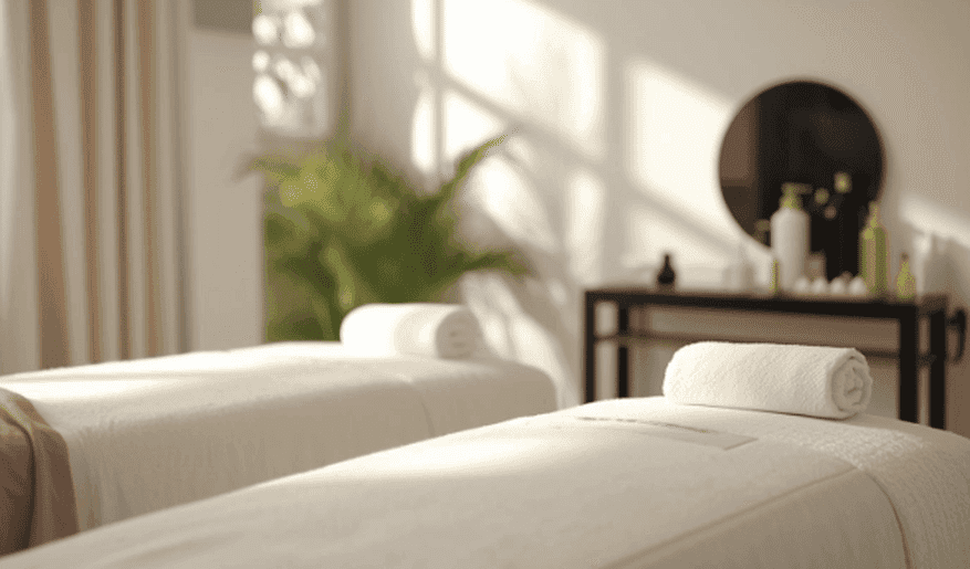 Spa room with two massage tables, soft lighting, and relaxing ambiance.