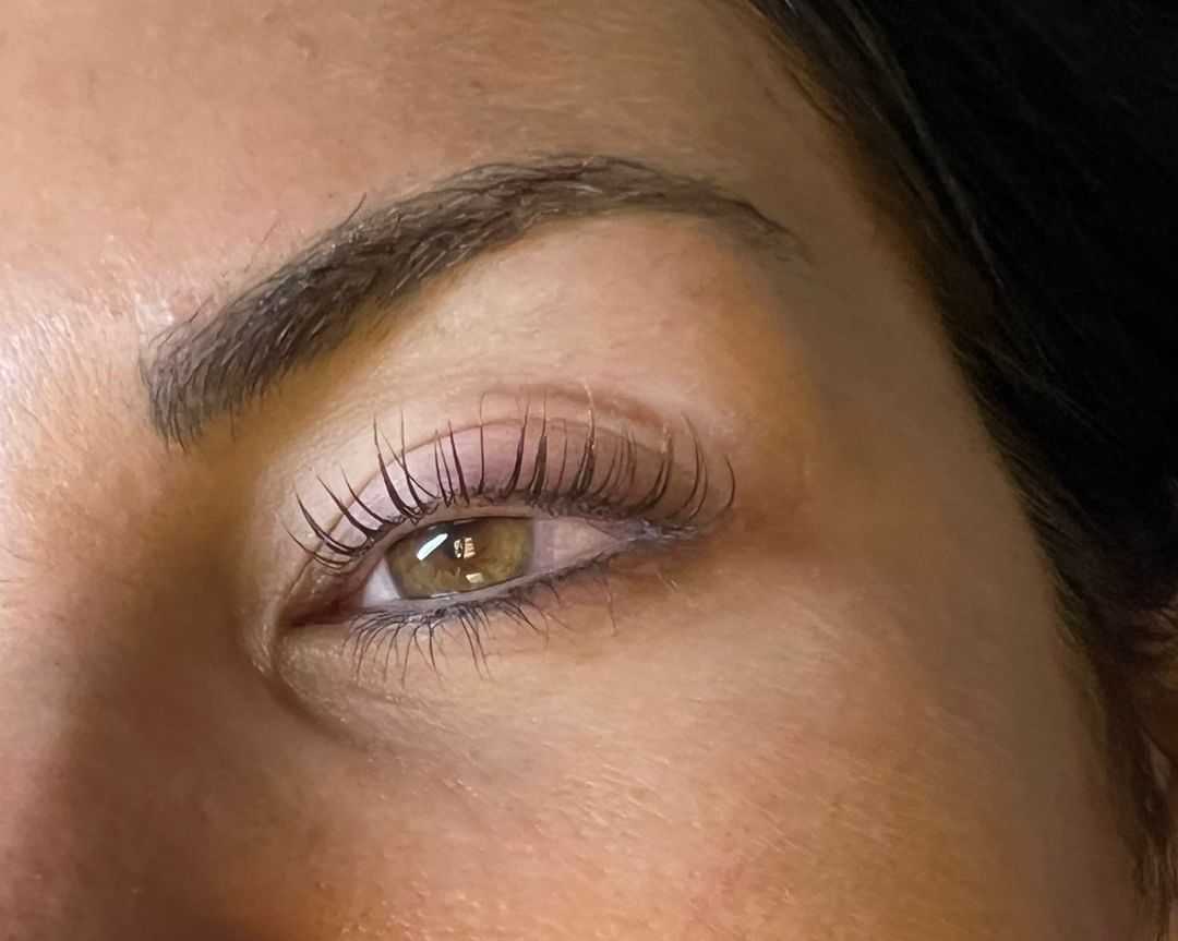 Close-up of a person's eye with well-defined eyebrows and curled eyelashes.