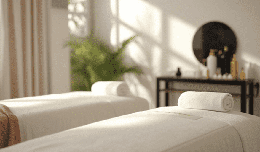 Spa room with two massage tables, soft lighting, and relaxing ambiance.